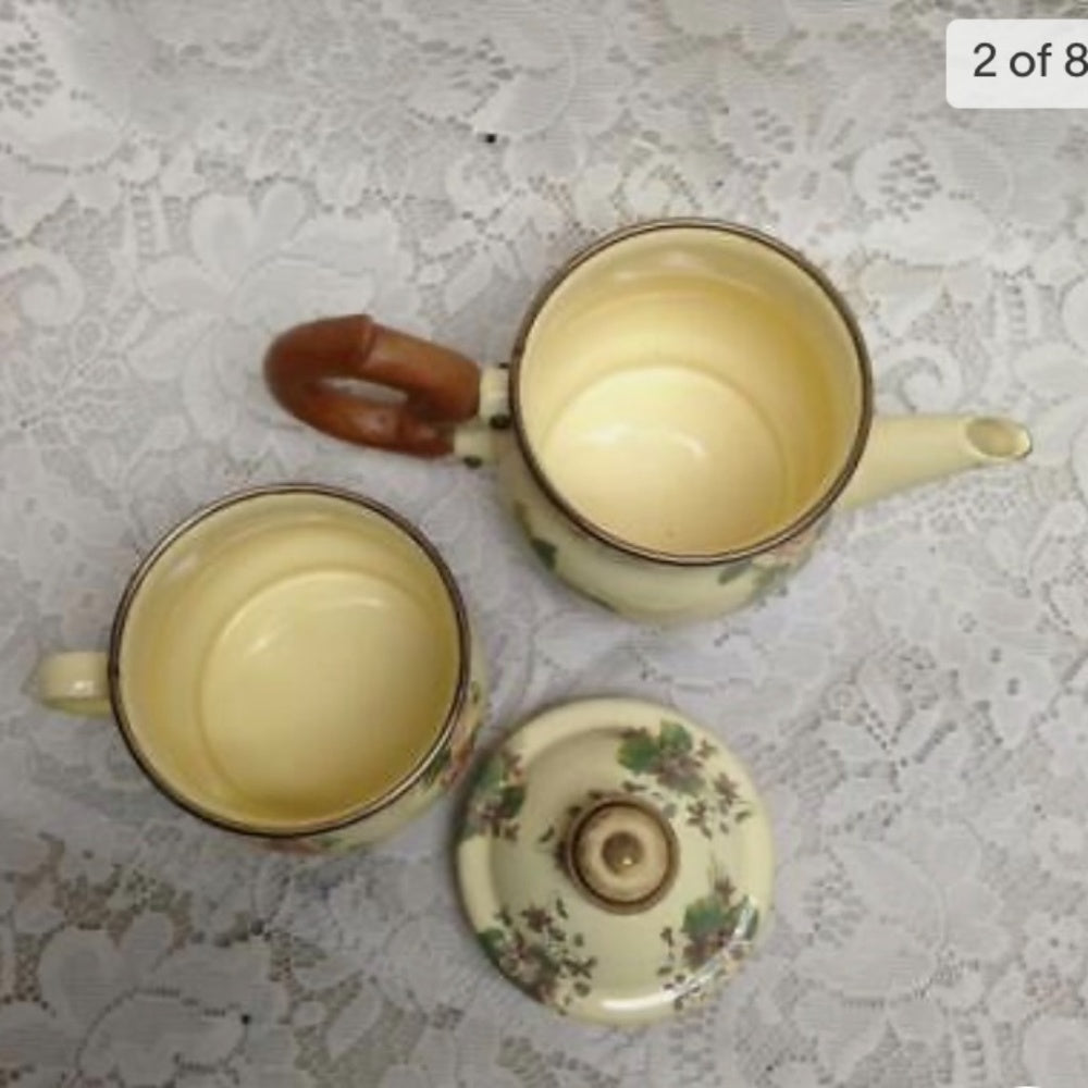 1995 Camp MacKenzie Childs Ltd., Yellow Floral Enamelware, 3pcTea Set