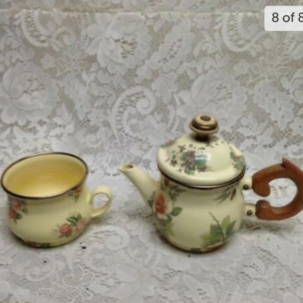 1995 Camp MacKenzie Childs Ltd., Yellow Floral Enamelware, 3pcTea Set
