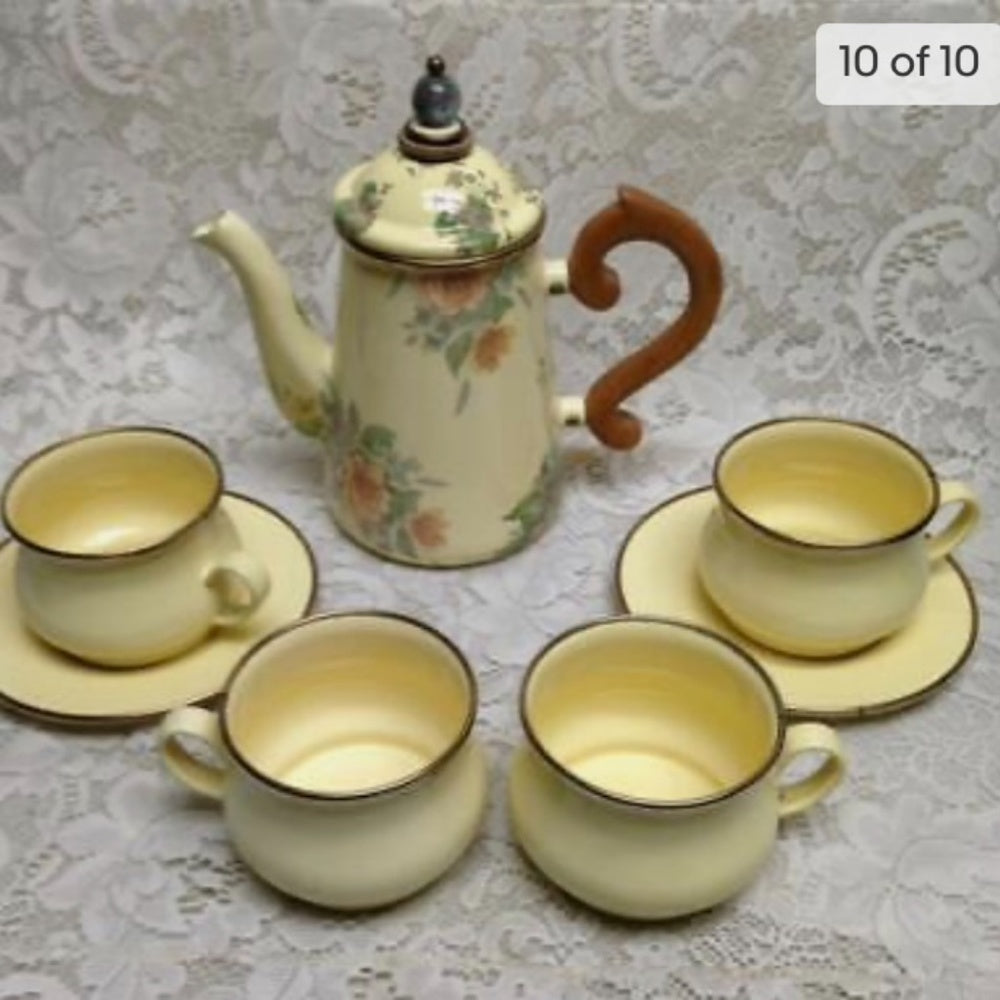 Vintage MacKenzie Childs Ltd., Beige Floral Enamelware, 8pcTea or CampSet (4ZO10