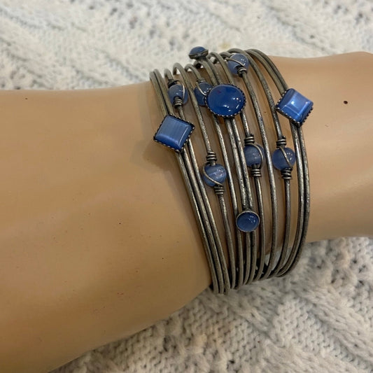 Silver Multi Strand with Blue Stones Cuff Bangle