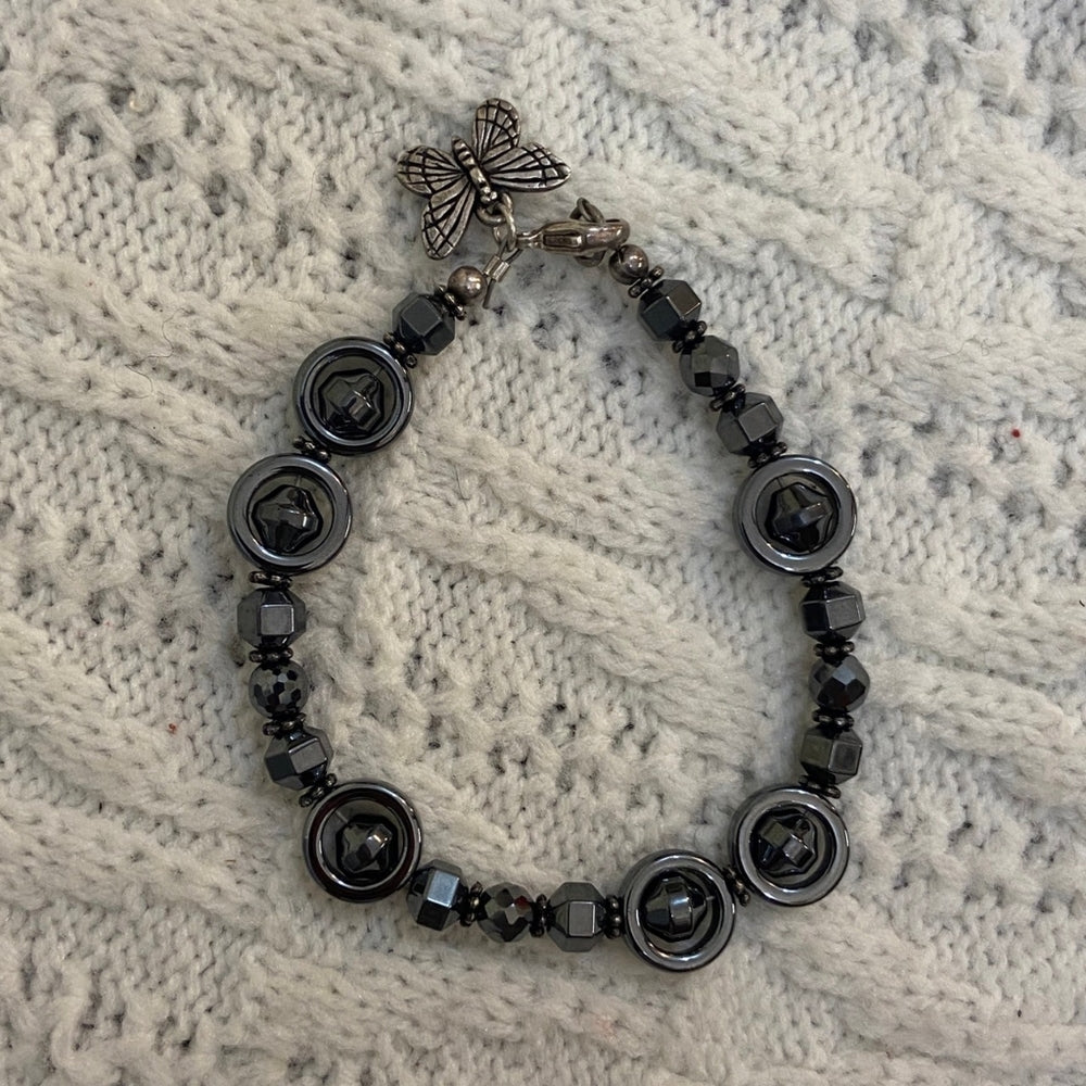 2pc Gun Metal Black, White, Blue Bracelet