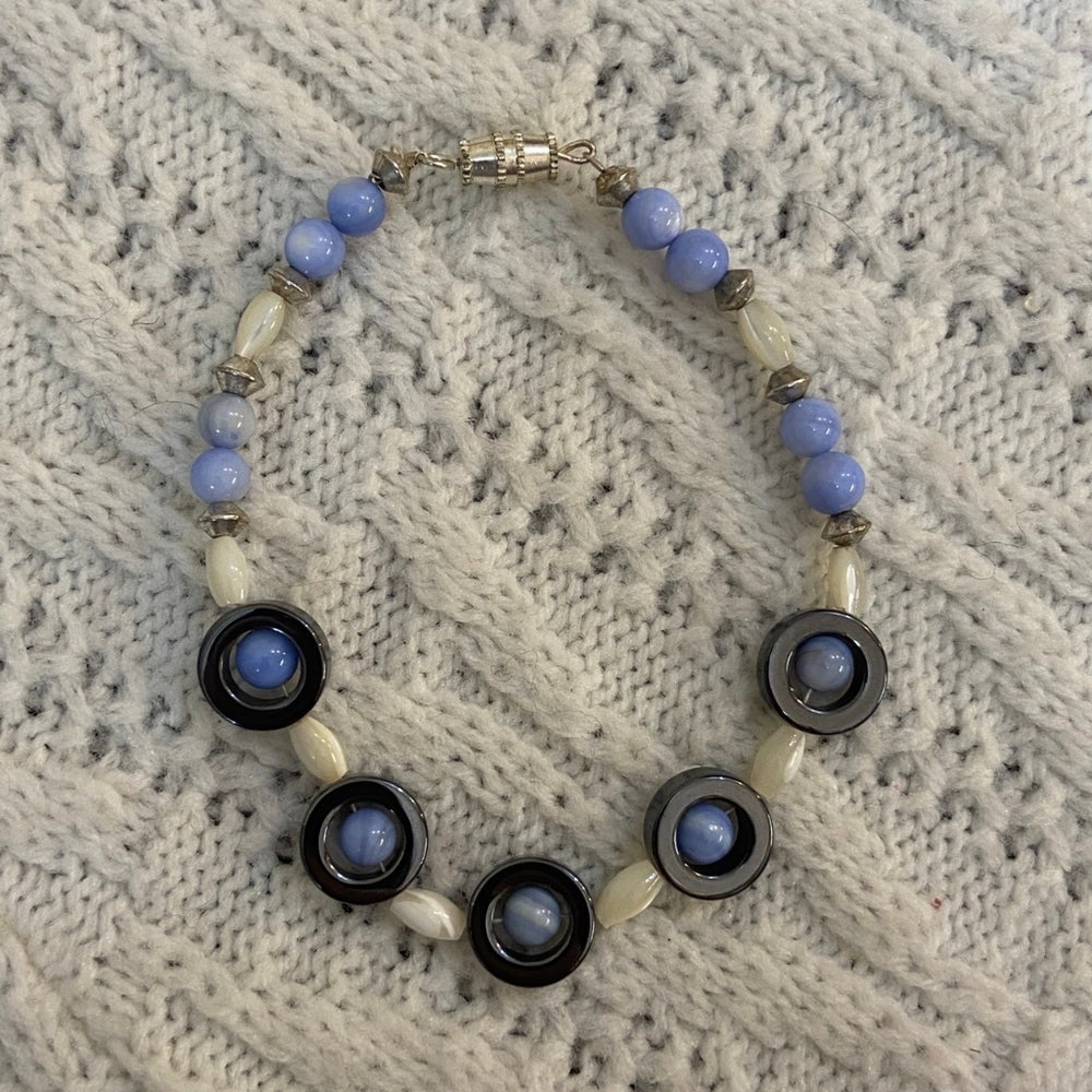 2pc Gun Metal Black, White, Blue Bracelet