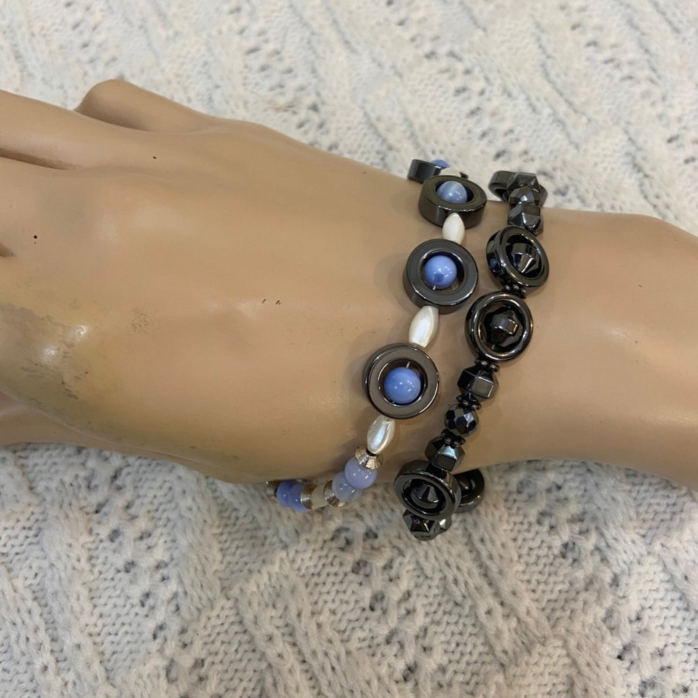 2pc Gun Metal Black, White, Blue Bracelet