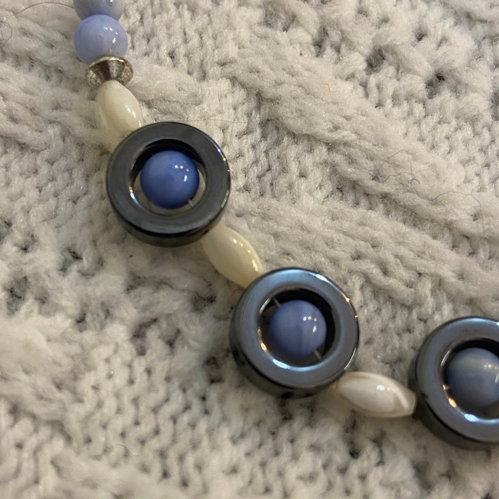 2pc Gun Metal Black, White, Blue Bracelet