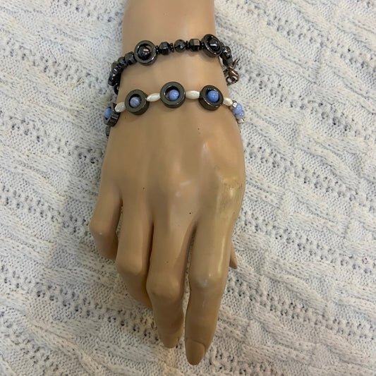 2pc Gun Metal Black, White, Blue Bracelet