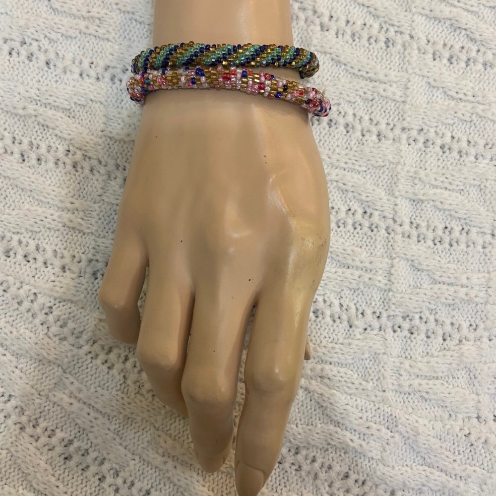 2pc Pink and Blue Braided Bead Bracelets
