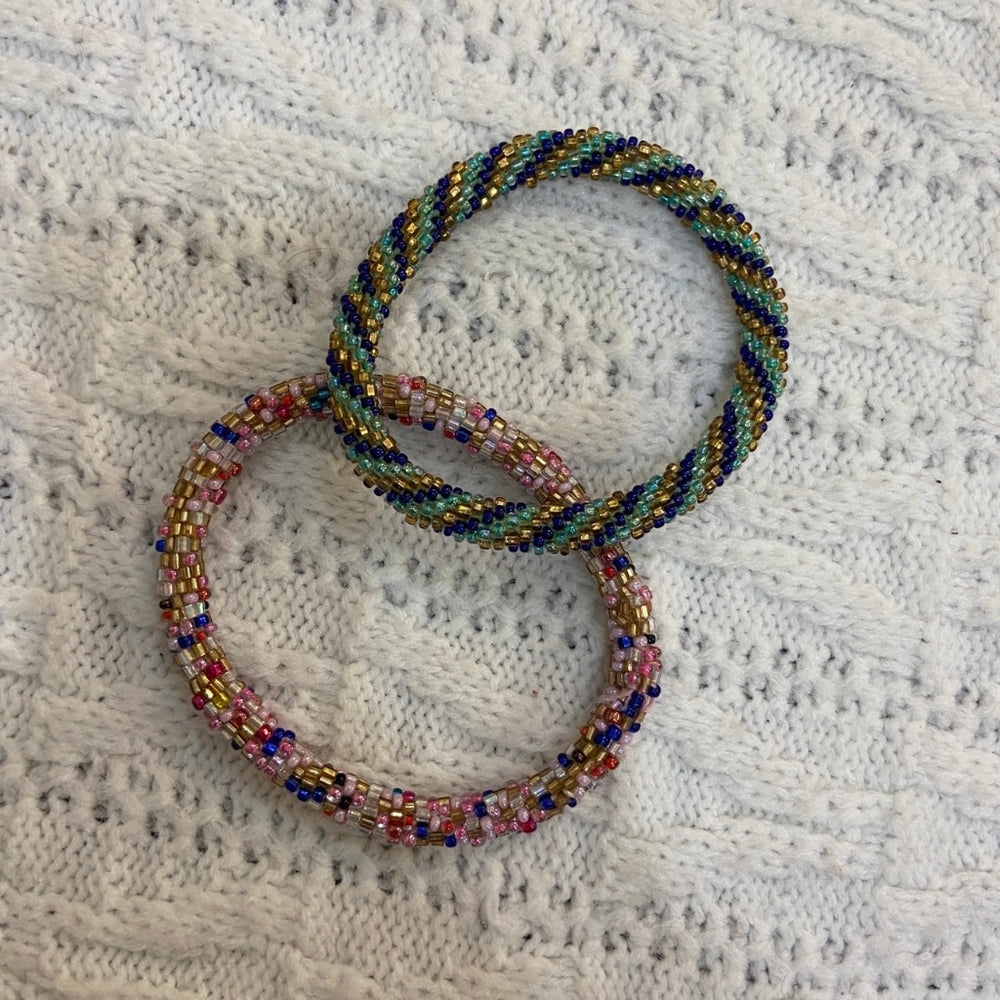 2pc Pink and Blue Braided Bead Bracelets