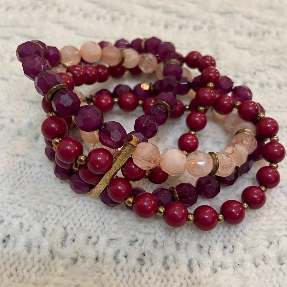 5 Strand Bracelet - Multicolored Pink, Purple, Burgundy Beads