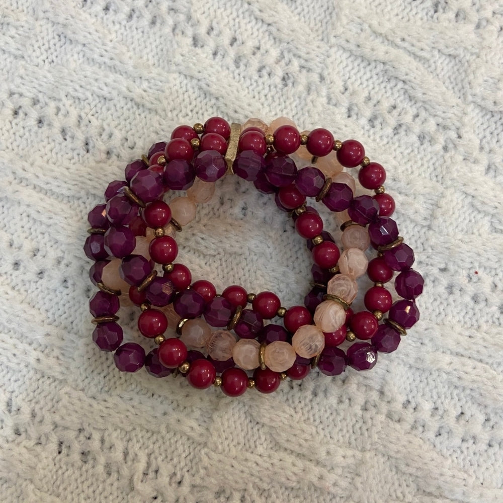 5 Strand Bracelet - Multicolored Pink, Purple, Burgundy Beads