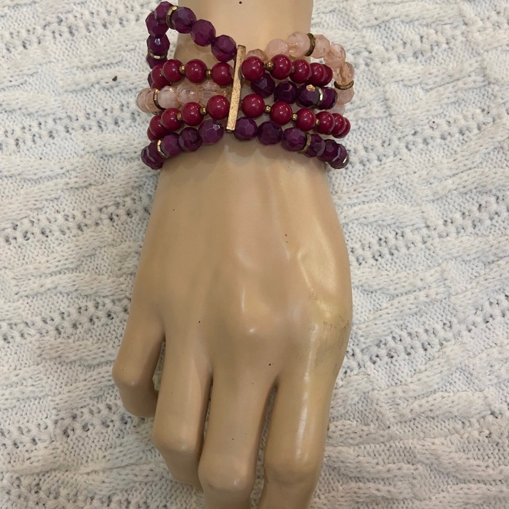 5 Strand Bracelet - Multicolored Pink, Purple, Burgundy Beads