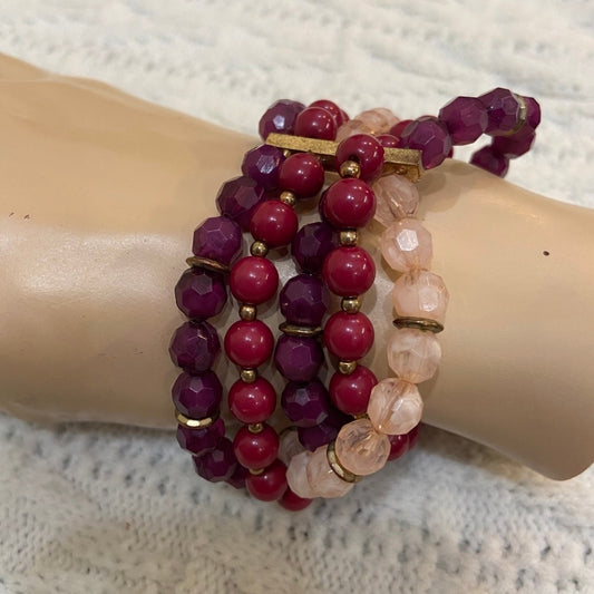5 Strand Bracelet - Multicolored Pink, Purple, Burgundy Beads