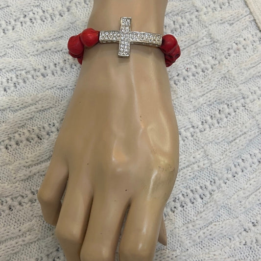 Cross and Skull Red Beaded Bracelet