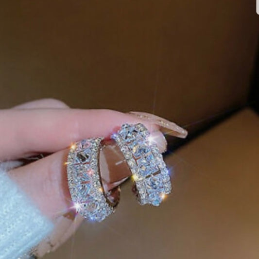 Faux Diamond Cubic Zirconia 925 Silver Stud Hoop Earrings