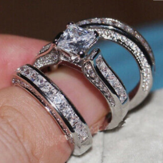 3pc  Cubic Zirconia 925 Silver Filled Engagement-Wedding Rings Set