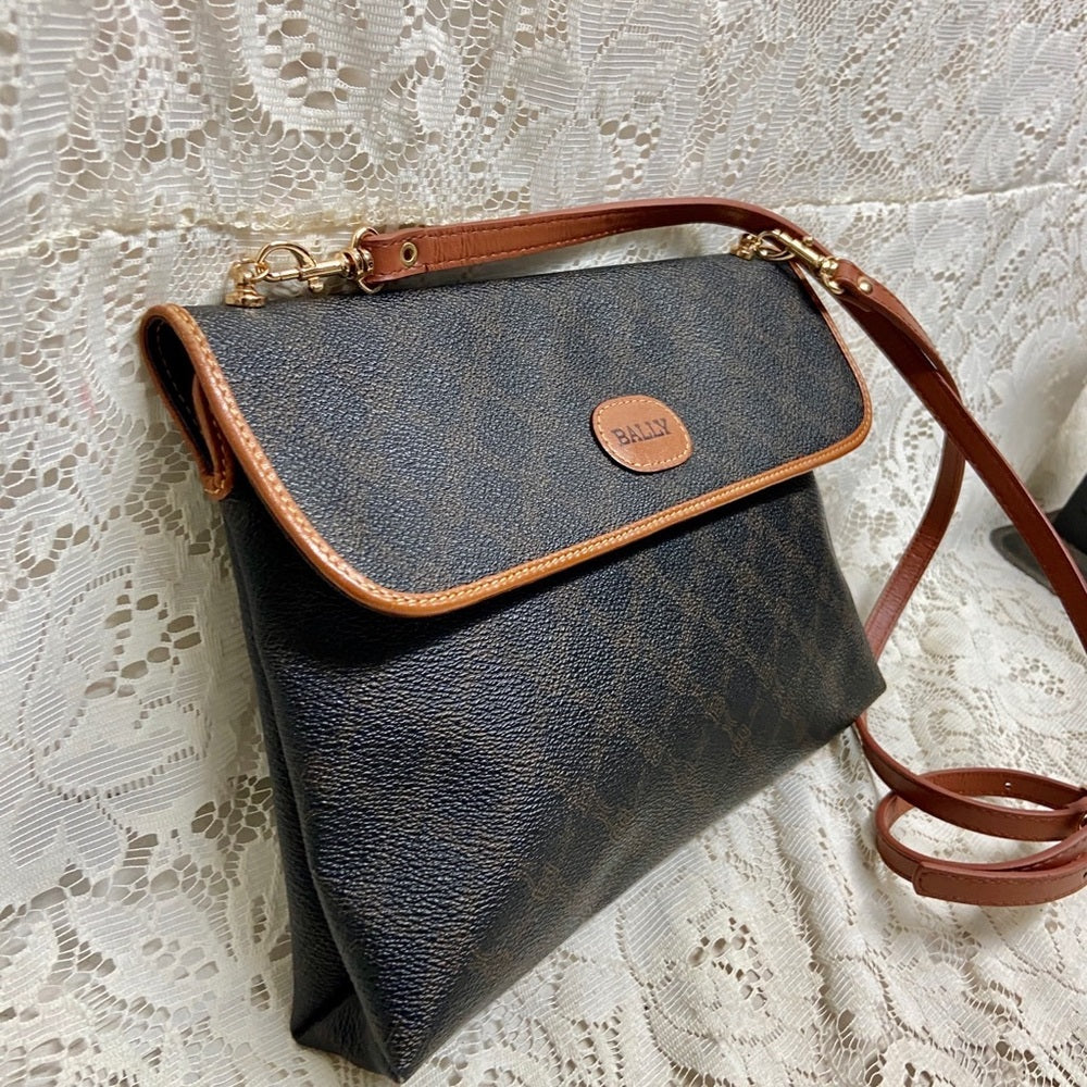 Bally Brown Coated Canvas Leather Trim-Crossbody
