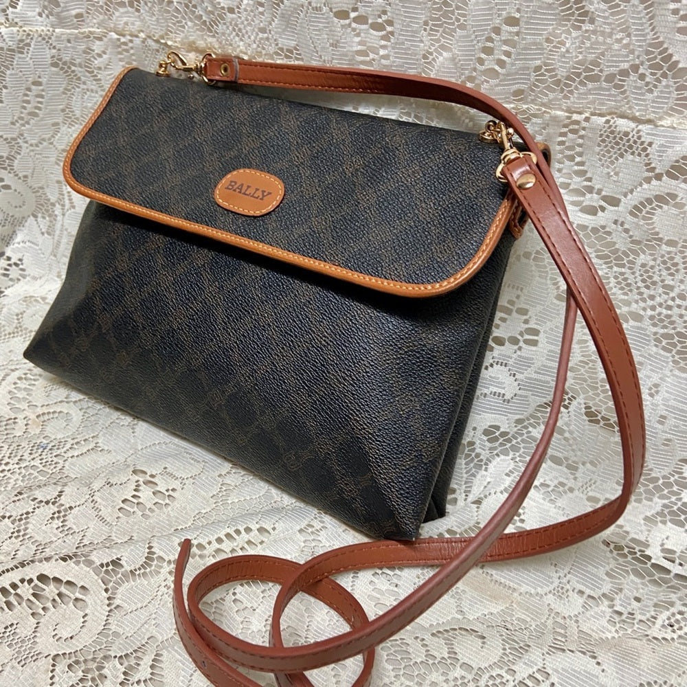 Bally Brown Coated Canvas Leather Trim-Crossbody