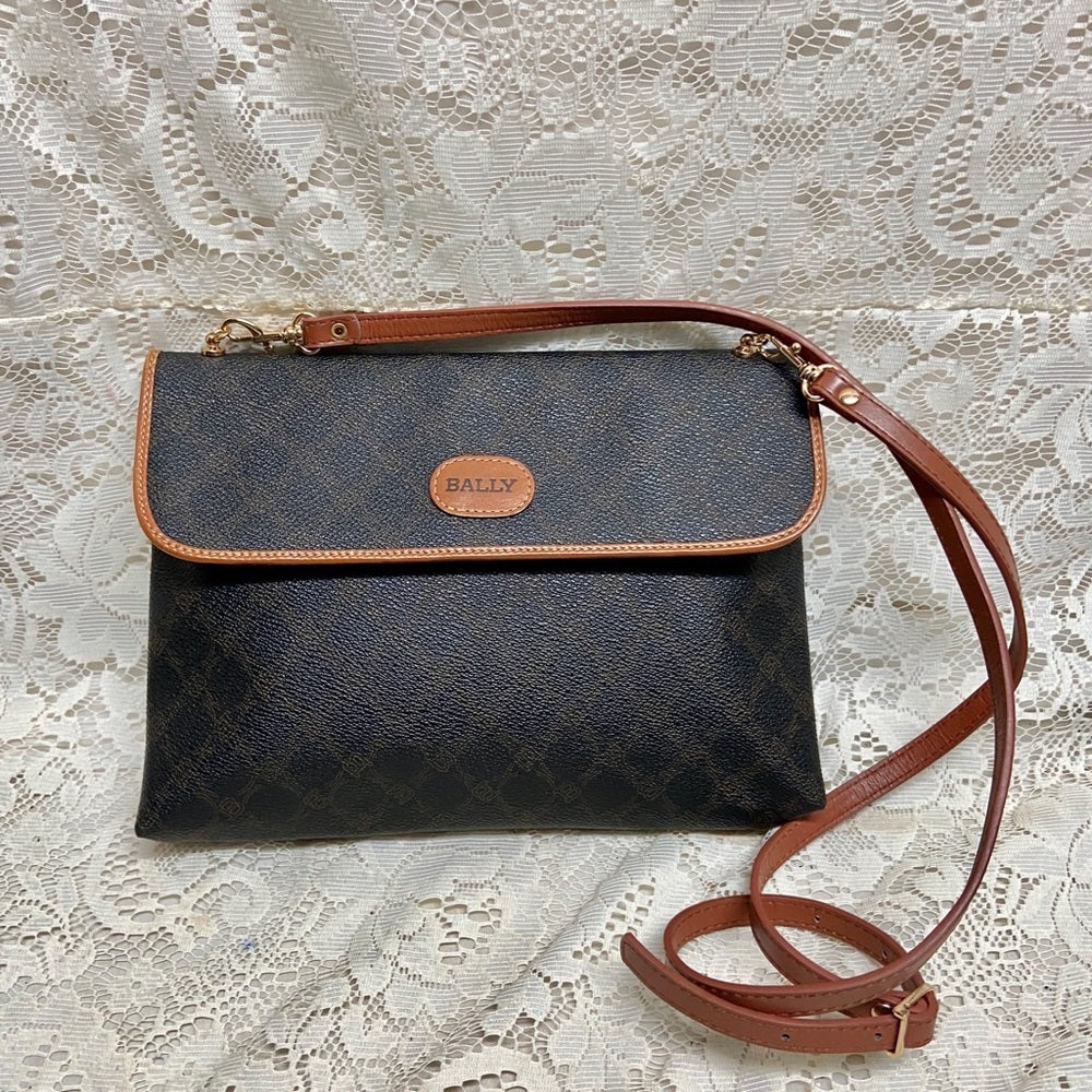 Bally Brown Coated Canvas Leather Trim-Crossbody