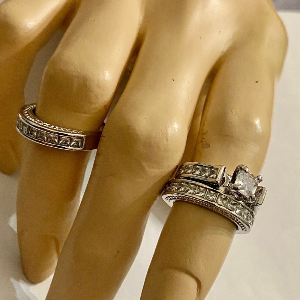 3pc  Cubic Zirconia 925 Silver Filled Engagement-Wedding Rings Set