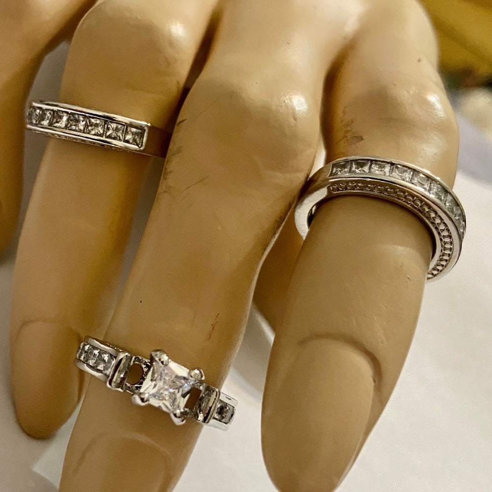 3pc  Cubic Zirconia 925 Silver Filled Engagement-Wedding Rings Set
