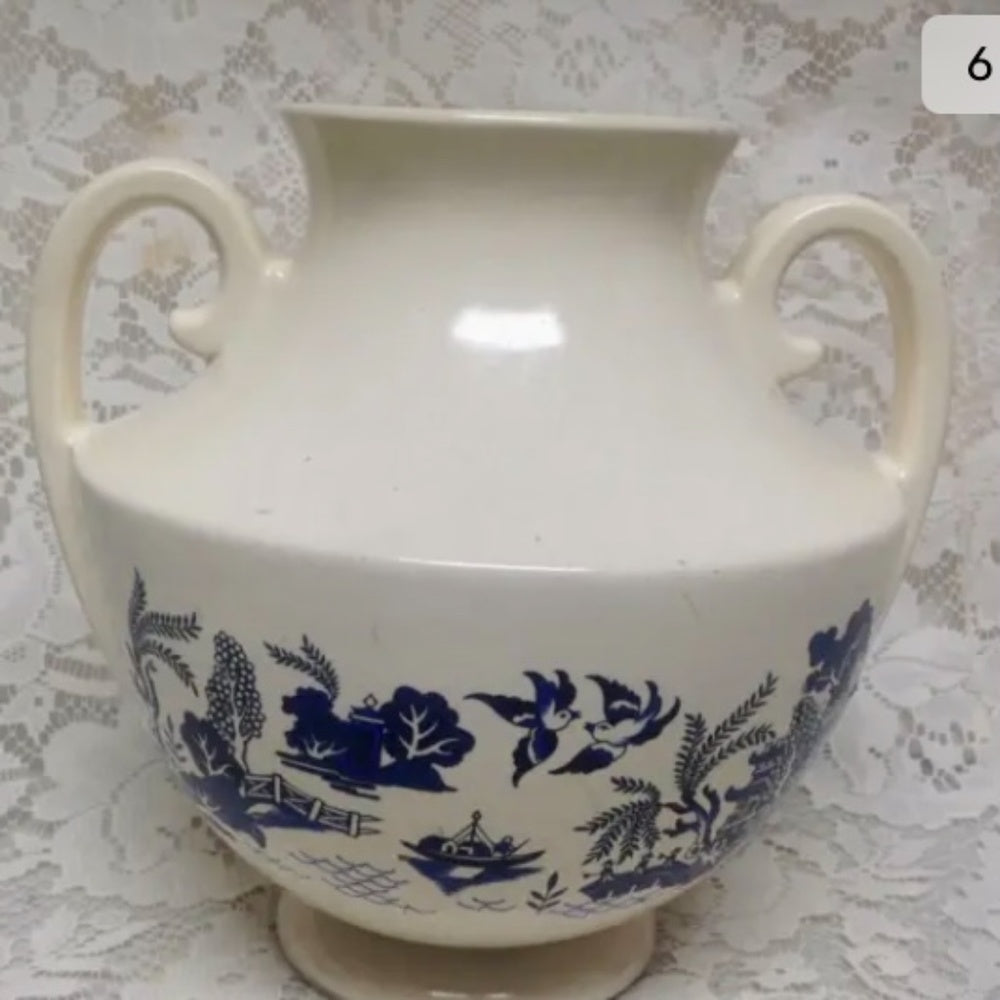 Vintage, Art Deco, Weller Large, Centerpiece,  Blue Willow Vase 9in H x 9in W (s