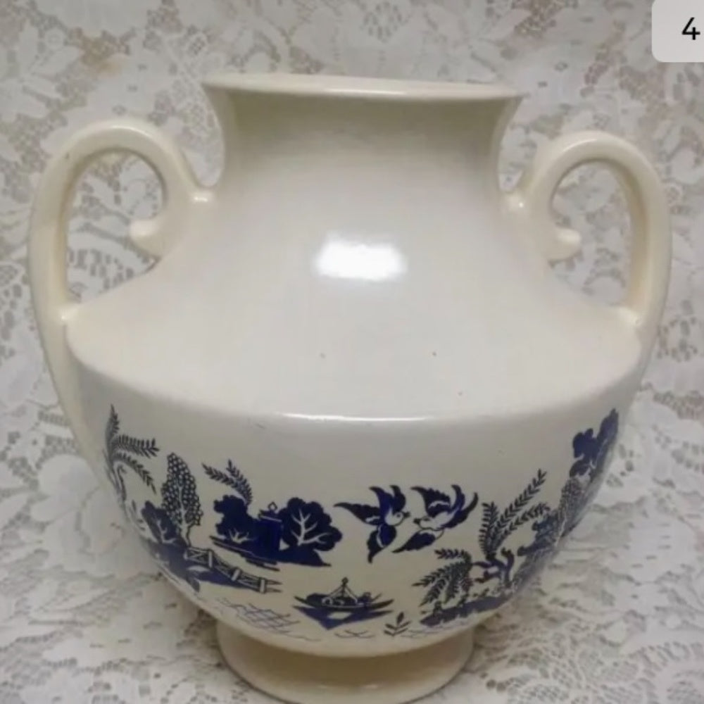 Vintage, Art Deco, Weller Large, Centerpiece,  Blue Willow Vase 9in H x 9in W (s