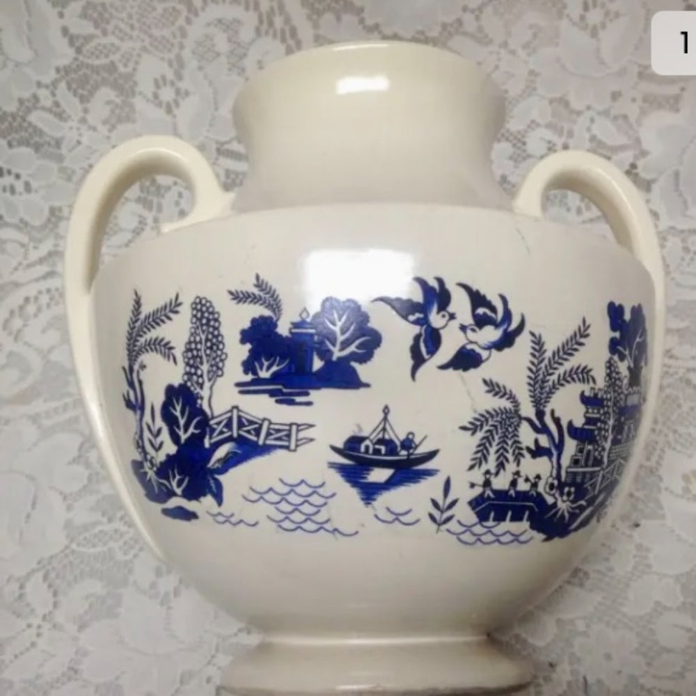 Vintage, Art Deco, Weller Large, Centerpiece,  Blue Willow Vase 9in H x 9in W (s