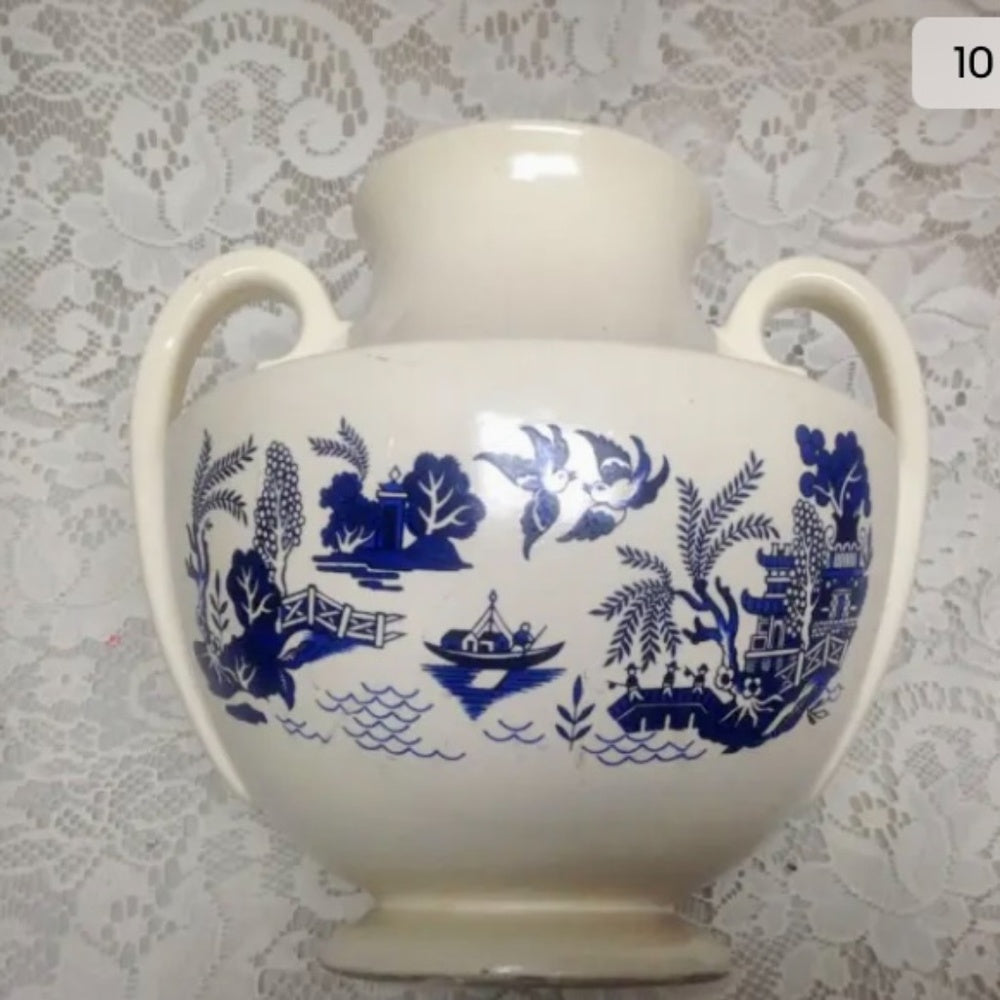 Vintage, Art Deco, Weller Large, Centerpiece,  Blue Willow Vase 9in H x 9in W (s