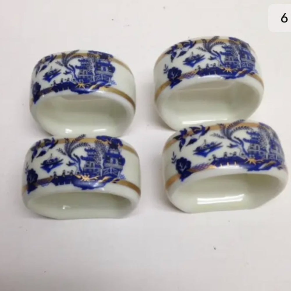 Vintage, 4-pc Blue Willow, Gorham Porcelain Napkin Ring Set