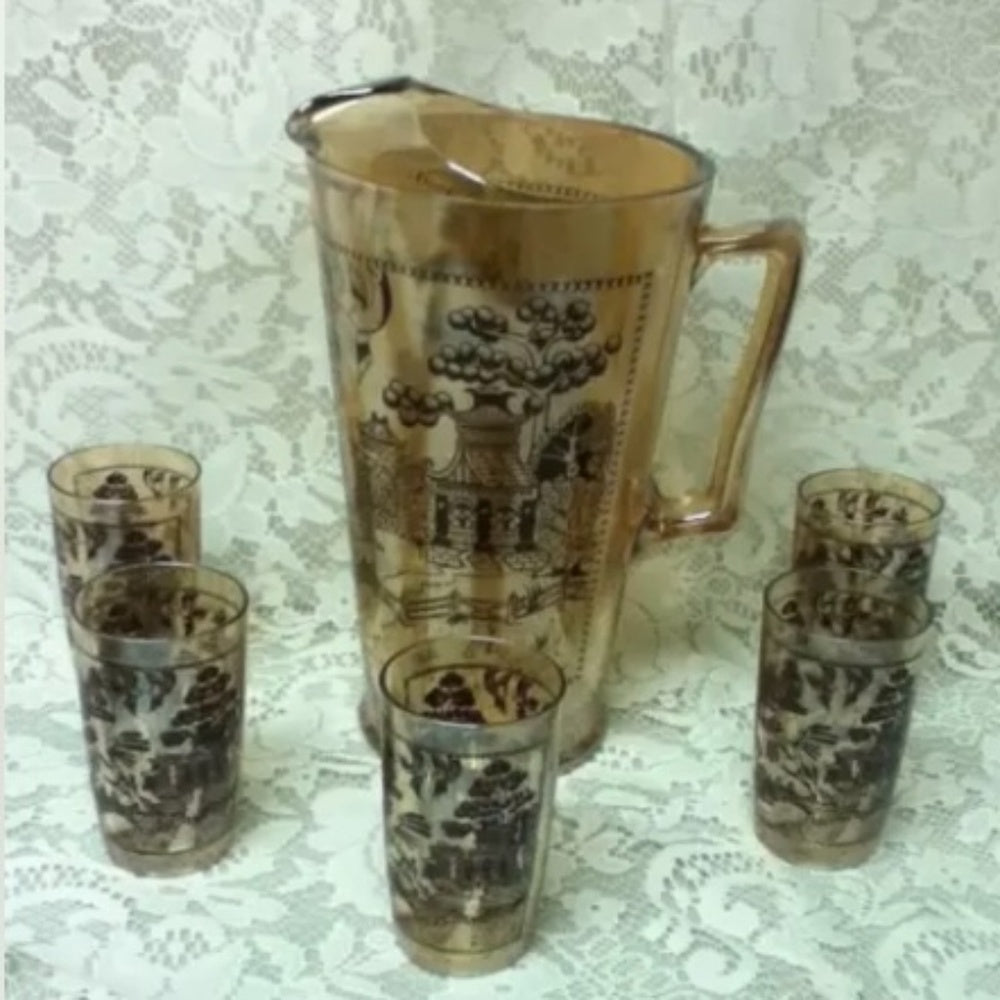 Vintage, 6-pc Set Blue willow Carnival Glass Pitcher and Juice Glasses