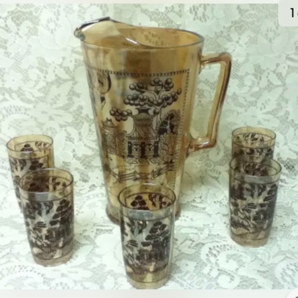 Vintage, 6-pc Set Blue willow Carnival Glass Pitcher and Juice Glasses