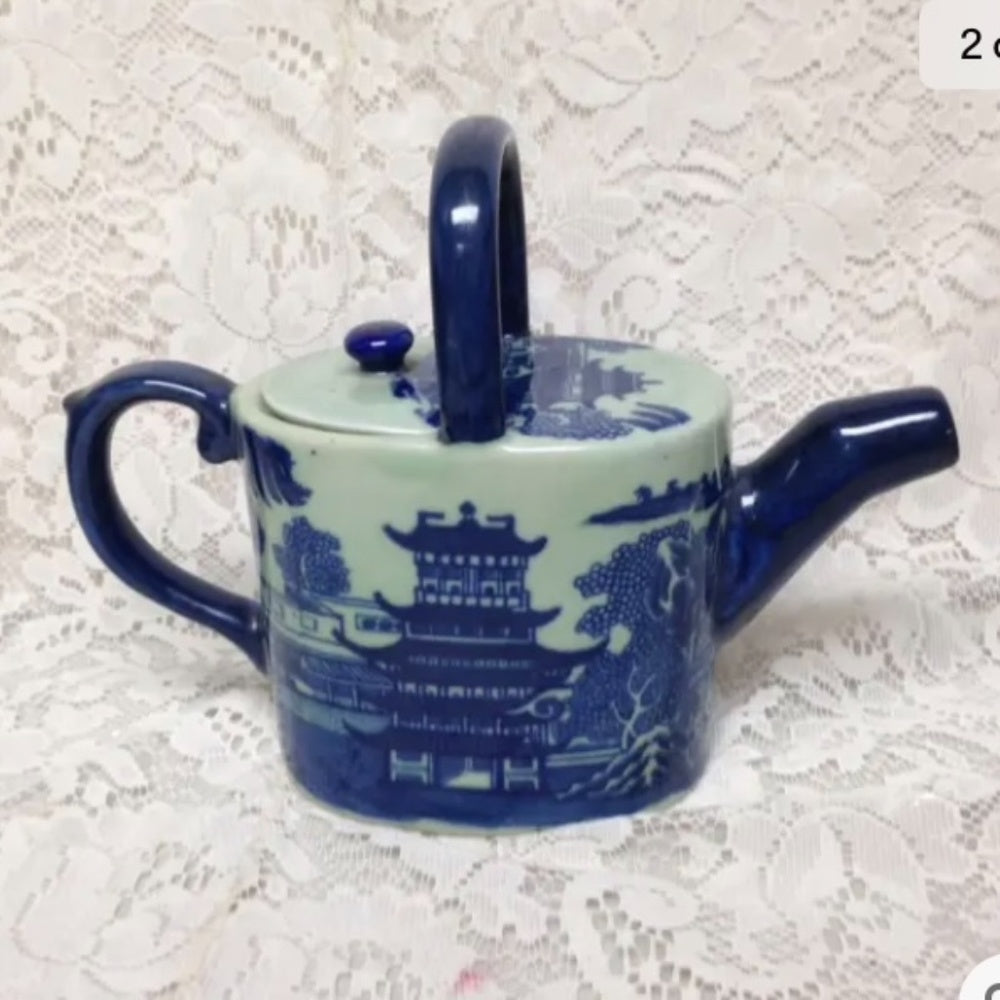 Celadon Glazed, Oval Shape, Variant Blue Willow Teapot