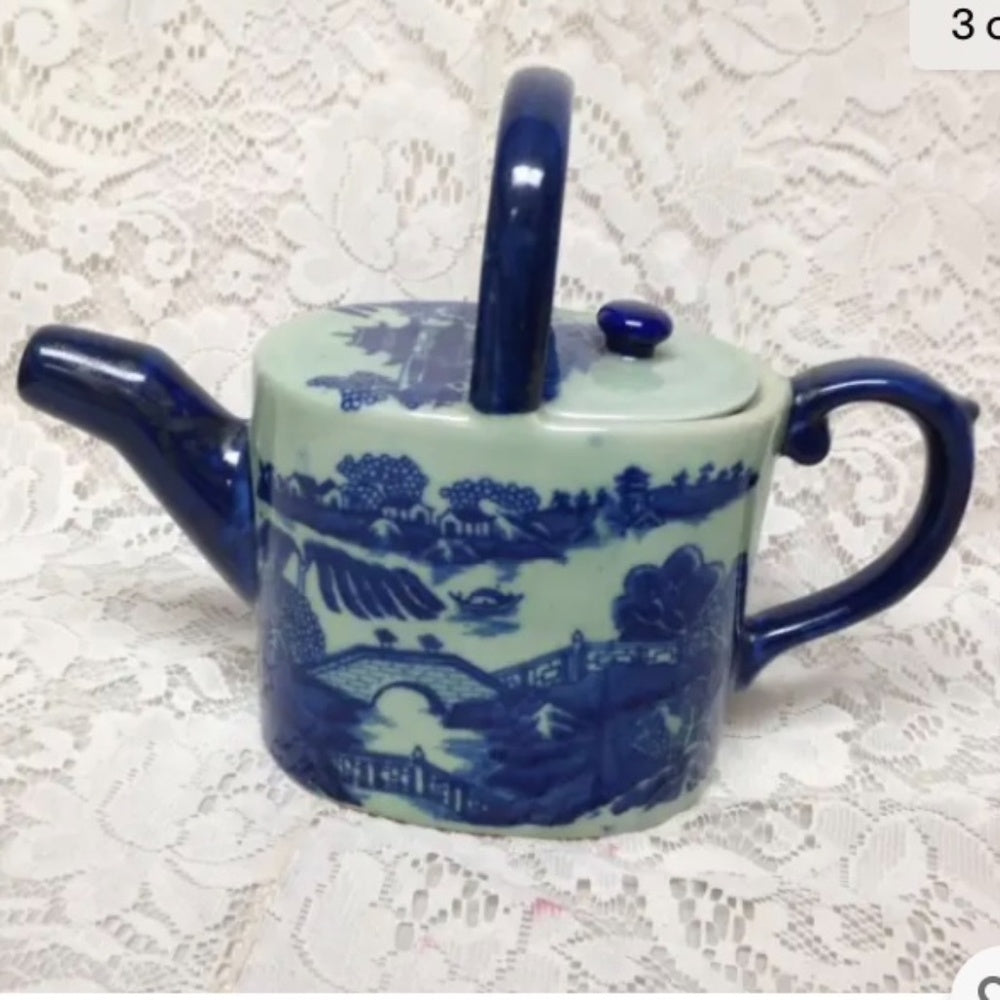 Celadon Glazed, Oval Shape, Variant Blue Willow Teapot