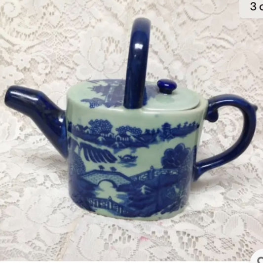 Celadon Glazed, Oval Shape, Variant Blue Willow Teapot