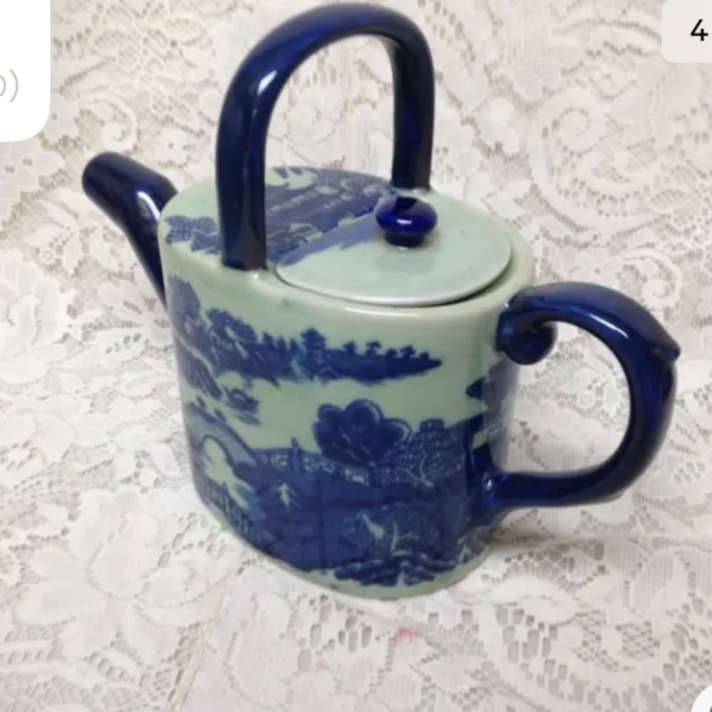 Celadon Glazed, Oval Shape, Variant Blue Willow Teapot