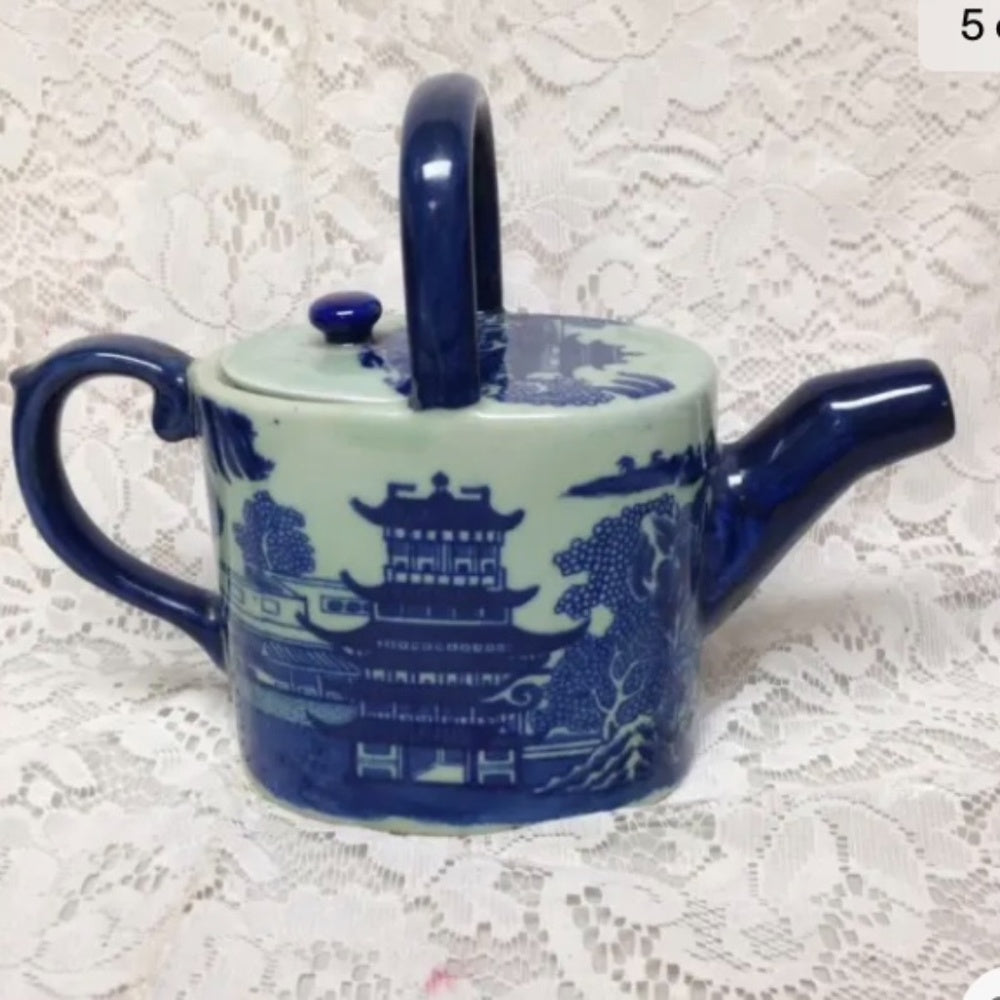 Celadon Glazed, Oval Shape, Variant Blue Willow Teapot