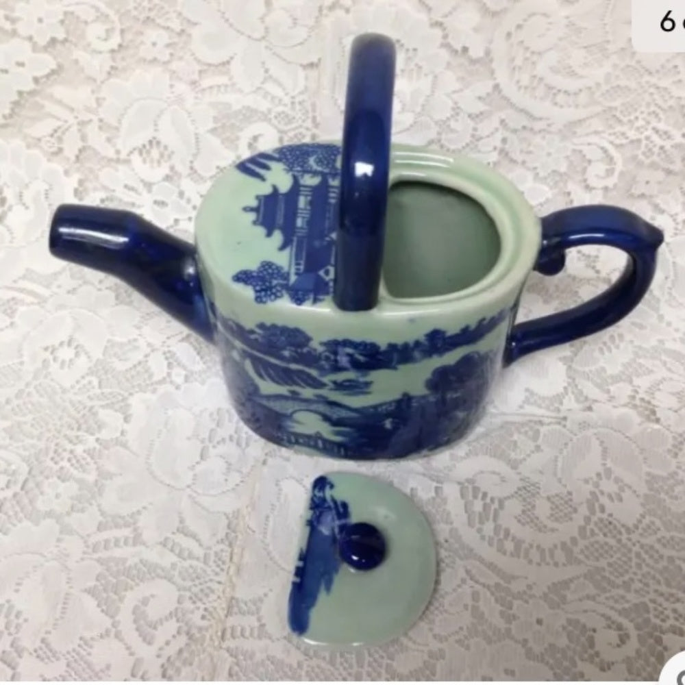 Celadon Glazed, Oval Shape, Variant Blue Willow Teapot
