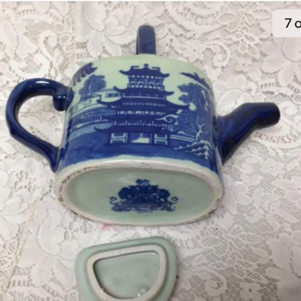 Celadon Glazed, Oval Shape, Variant Blue Willow Teapot