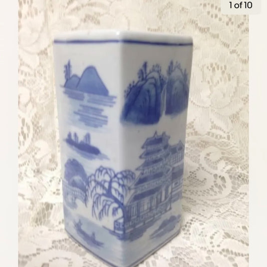 Vintage, Variant Blue Willow Large, Heavy Square Flower Vase  6in x 3in