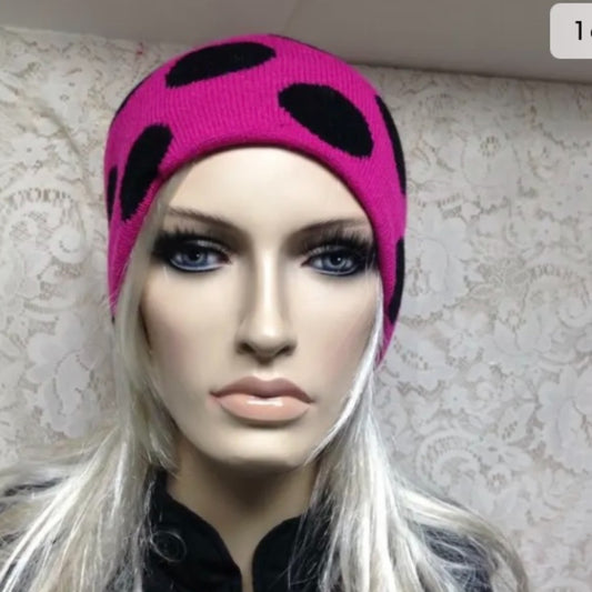 Stunning,  Falls Creek Fits All Fuchsia and Black Polka Dot Knitted Hat