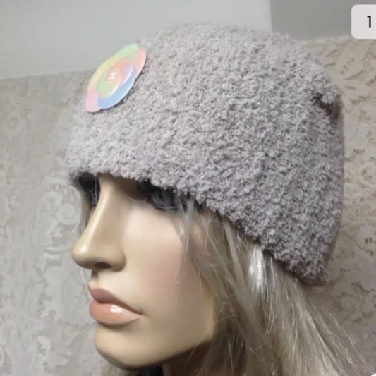 Fabulous Beige Knitted Cloche' Turban -Flapper Style Hat with Camelia Ornament