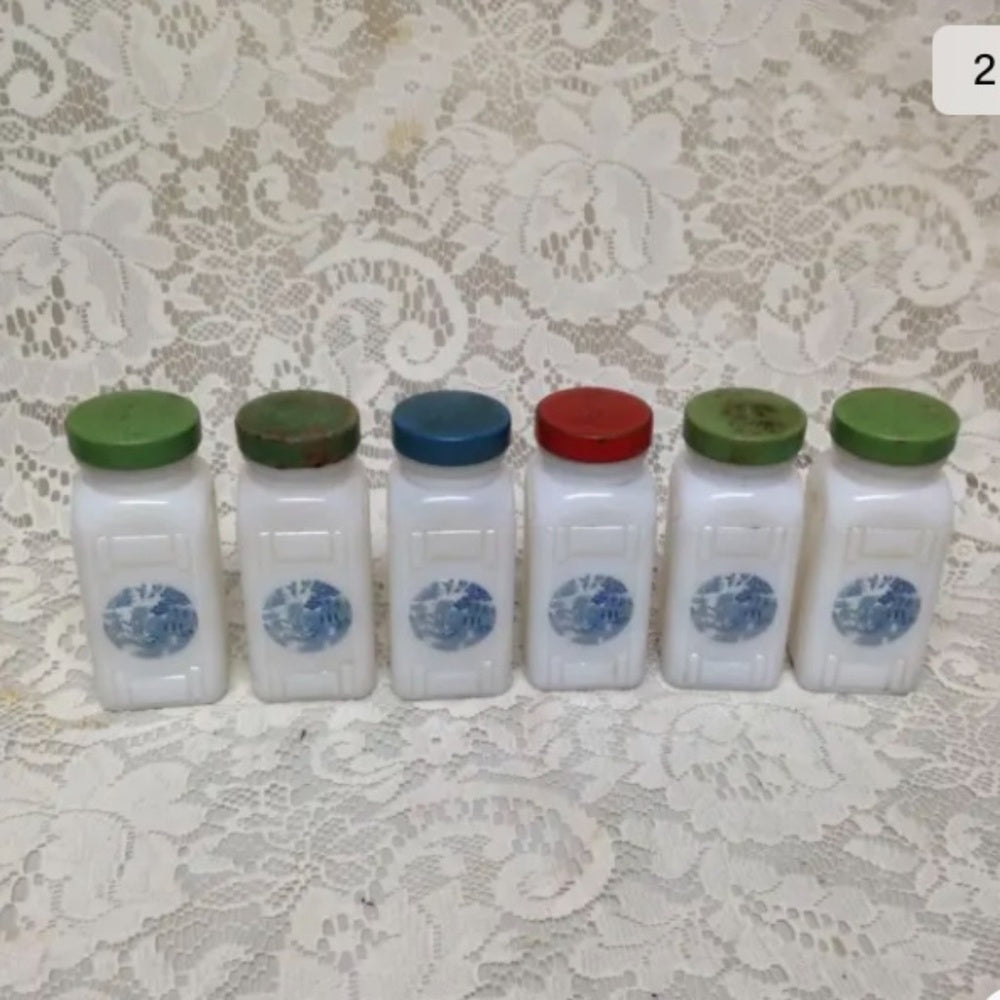 Vintage, 6-pc Blue Willow Milk Glass Shaker or Spice Jar Set with Metal Rack
