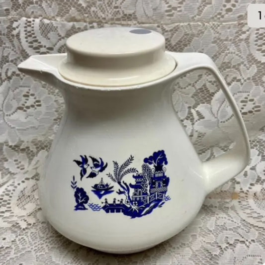Vintage, Thermos-Germany,  Blue Willow Teapot 8.5in H x 9in L x 7.5in D
