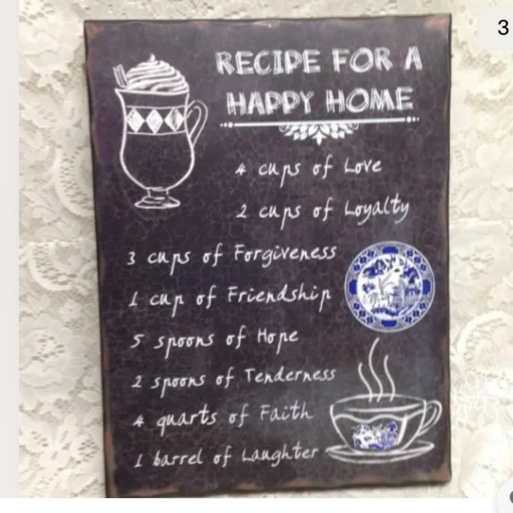 Blue Willow Recipe for a Happy Home.  16in x 12in This is a beautiful, wall hang