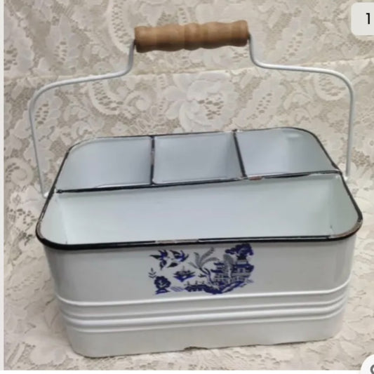 Blue Willow, White Enamelware Caddy  11in x 8in x 5.5in.