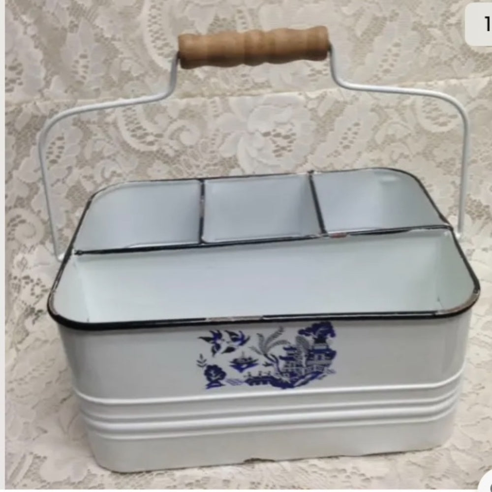 Blue Willow, White Enamelware Caddy  11in x 8in x 5.5in.