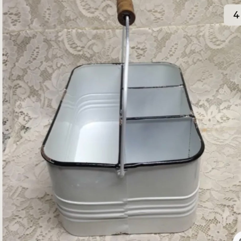 Blue Willow, White Enamelware Caddy  11in x 8in x 5.5in.