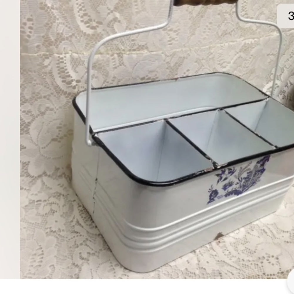 Blue Willow, White Enamelware Caddy  11in x 8in x 5.5in.