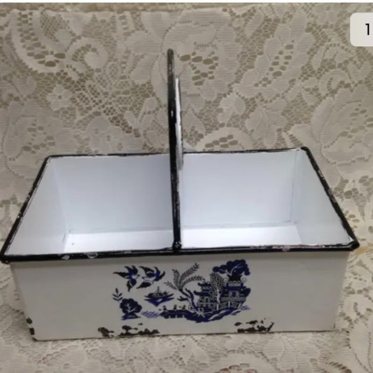 Blue Willow, White Enamelware Small Caddy  8.5in x 7in x 5.5in.