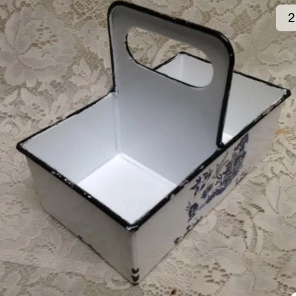 Blue Willow, White Enamelware Small Caddy  8.5in x 7in x 5.5in.