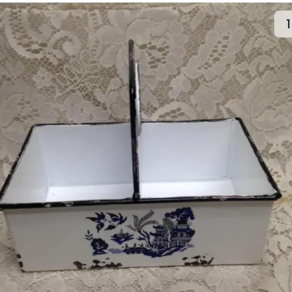 Blue Willow, White Enamelware Small Caddy  8.5in x 7in x 5.5in.